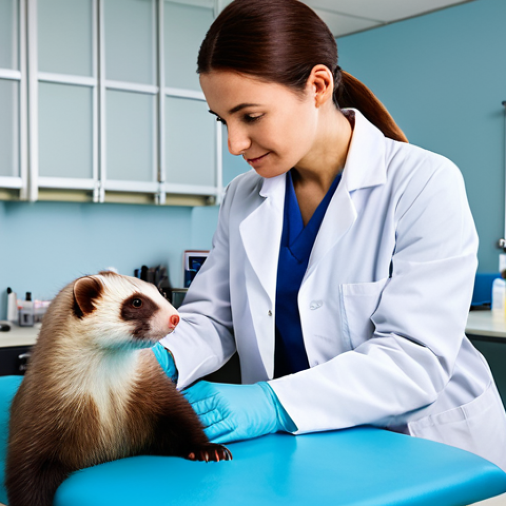 **

"A veterinarian, experienced and kind, gently examining a fully clothed, calm ferret on an examination table in a brightly lit clinic. The vet wears a clean lab coat. The clinic is well-equipped with modern diagnostic tools in the background. Safe for work, appropriate content, fully clothed (vet), professional, family-friendly, perfect anatomy, natural proportions, well-formed hands, proper finger count."

**