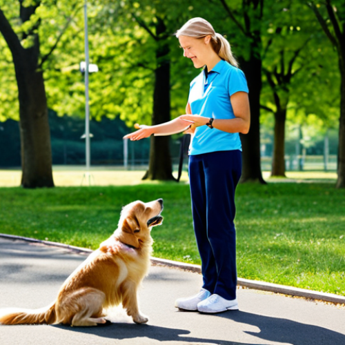 **

A patient dog trainer, fully clothed in appropriate attire, gently guiding a Golden Retriever puppy through basic commands in a sunny park. The trainer uses positive reinforcement with treats and verbal praise. Background shows other dogs playing and families enjoying the day. safe for work, appropriate content, professional, modest, perfect anatomy, natural proportions, well-formed hands, proper finger count, family-friendly.

**