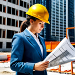 ** A professional female architect in a fully clothed, modest business outfit, reviewing blueprints on a construction site with a high-rise building in the background. Safe for work, perfect anatomy, appropriate content, professional.

**