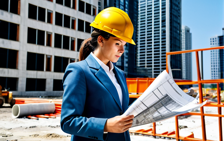** A professional female architect in a fully clothed, modest business outfit, reviewing blueprints on a construction site with a high-rise building in the background. Safe for work, perfect anatomy, appropriate content, professional.

**