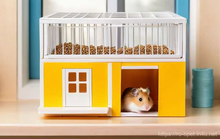 햄스터 집 청소 방법 - **Prompt:** A curious, fluffy Syrian hamster with soft, golden-brown fur peeking out from a meticulo...