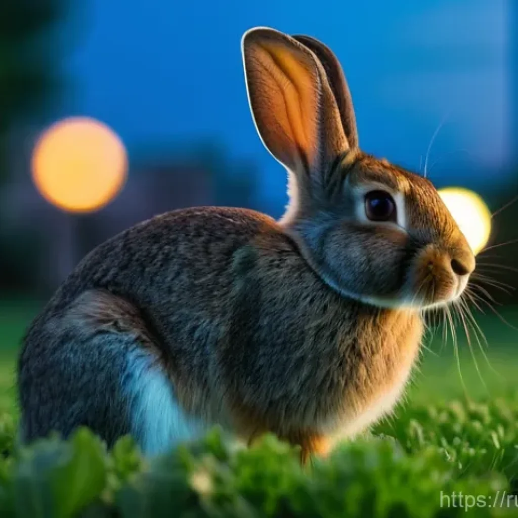 토끼 생태학 연구 사례 - **Prompt:** A resilient wild rabbit, seen in a modern city park at dusk. The rabbit has soft, browni...