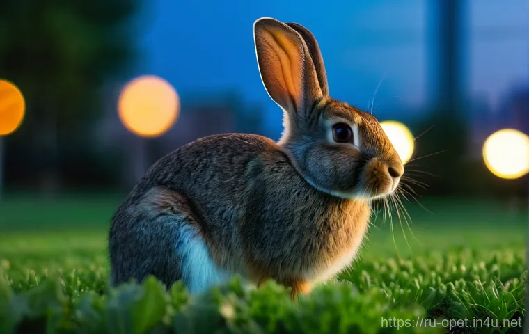 토끼 생태학 연구 사례 - **Prompt:** A resilient wild rabbit, seen in a modern city park at dusk. The rabbit has soft, browni...
