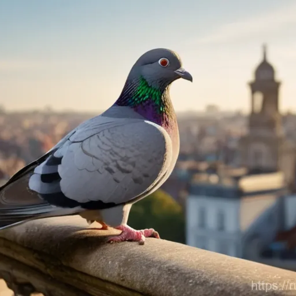 비둘기 도심 서식지 연구 - **Prompt:** A domestic pigeon (Columba livia domestica) perches with self-assured grace on the weath...