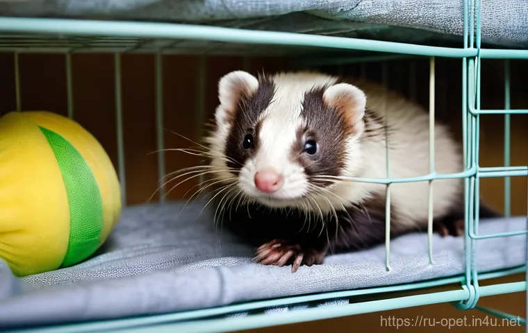 페럿 장수 비결 - **Prompt 2: A Ferret's Routine Veterinary Check-up**
    "A calm and curious ferret being gently hel...