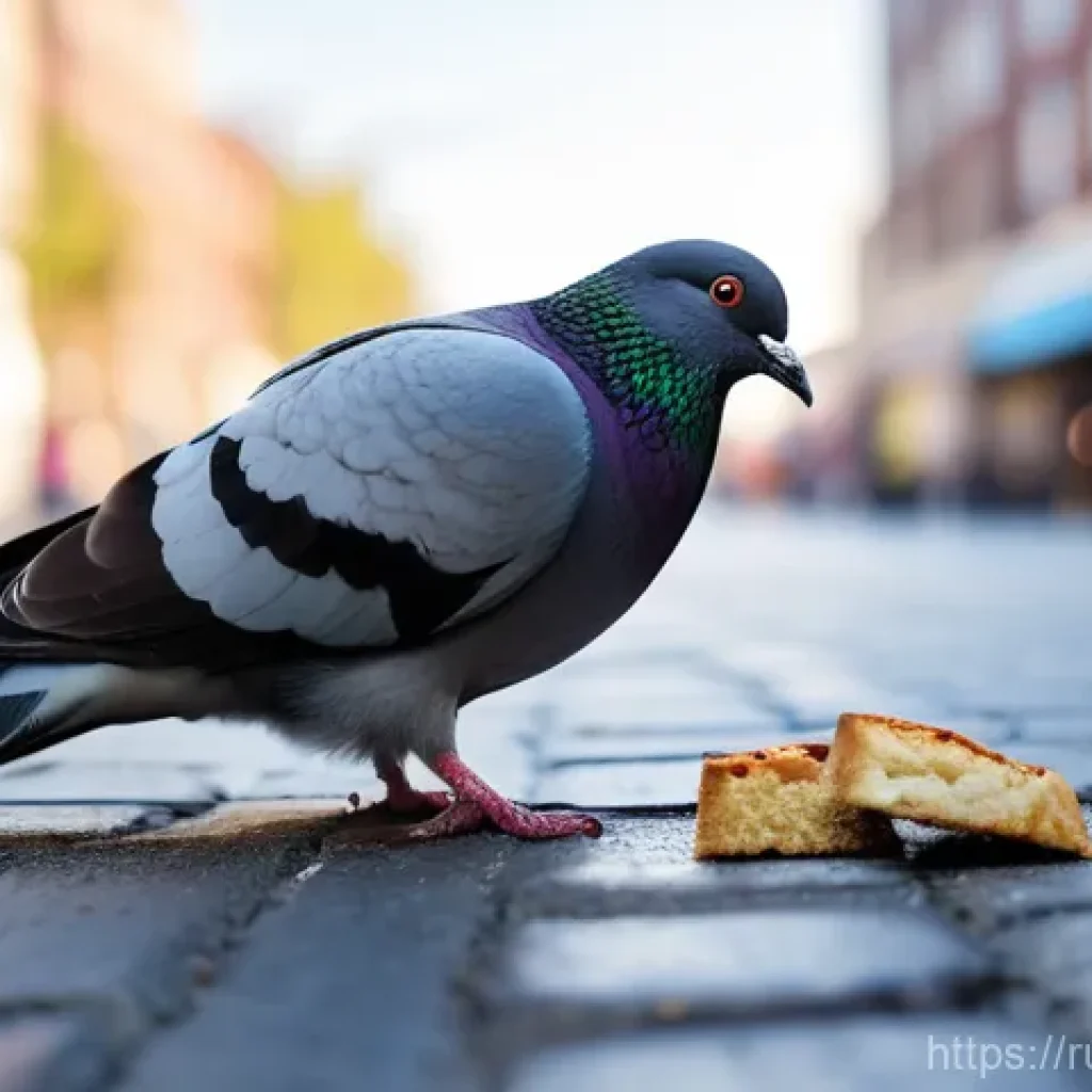 비둘기 전염병 예방 - A solitary urban pigeon, appearing weak and vulnerable, is hunched on a dirty, cracked sidewalk next...