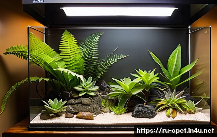 파충류 사육 용품 리스트 - A spacious glass terrarium designed for a tropical reptile, featuring secure mesh ventilation panels...