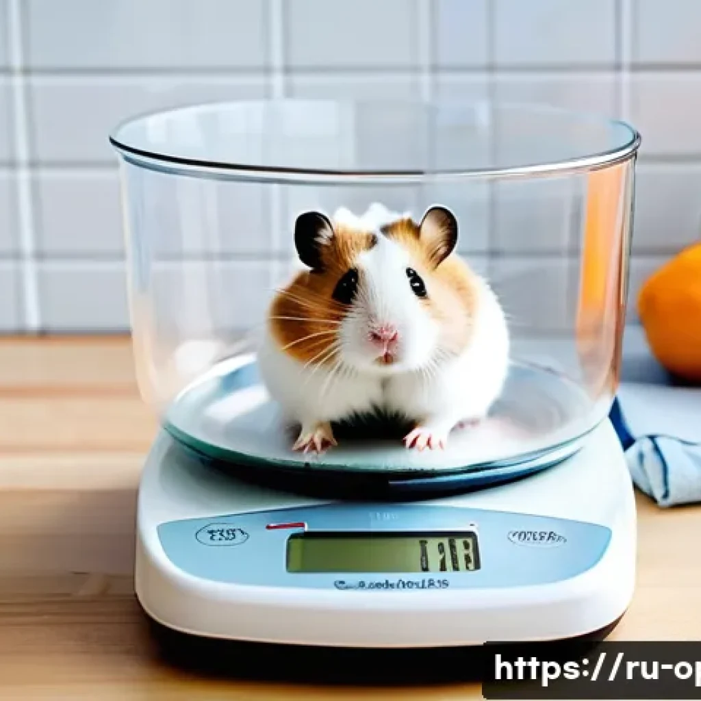 햄스터 무게 체크법 - A small, healthy Syrian hamster sitting calmly inside a shallow plastic bowl placed on a modern digi...