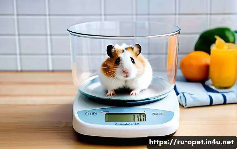 햄스터 무게 체크법 - A small, healthy Syrian hamster sitting calmly inside a shallow plastic bowl placed on a modern digi...