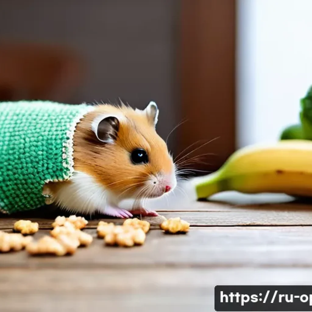 햄스터 간식 DIY - A cozy and warm indoor scene featuring a small hamster nibbling on homemade oat and banana cookies p...