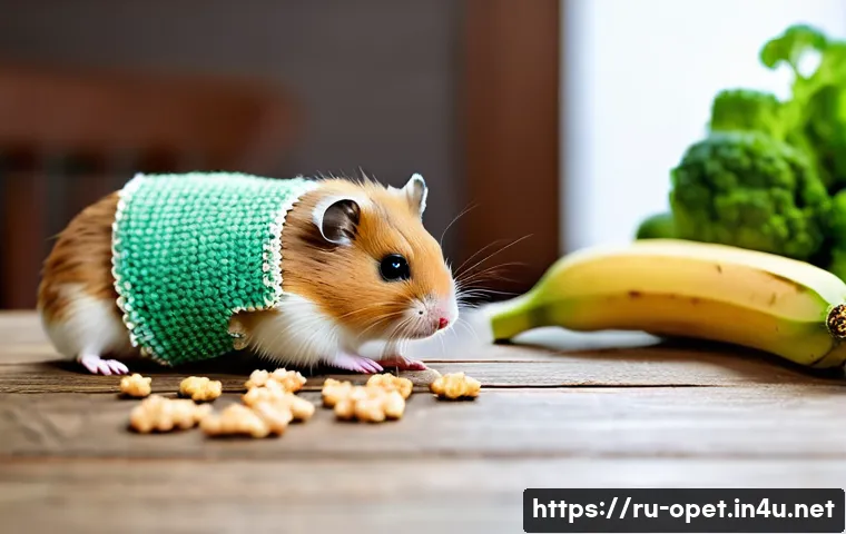 햄스터 간식 DIY - A cozy and warm indoor scene featuring a small hamster nibbling on homemade oat and banana cookies p...