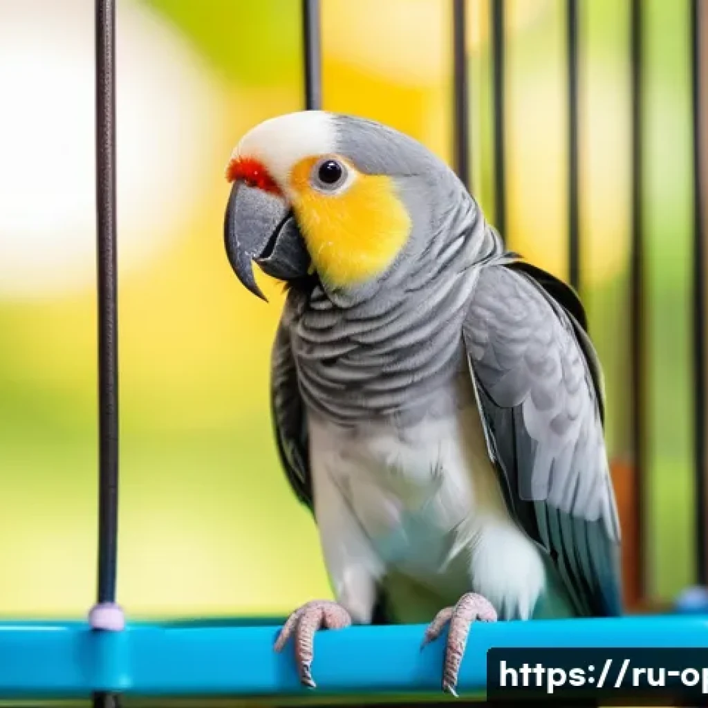 칵테일 앵무새 행동 분석 - A lively cockatiel parrot perched on a wooden playstand inside a spacious, bright cage filled with c...