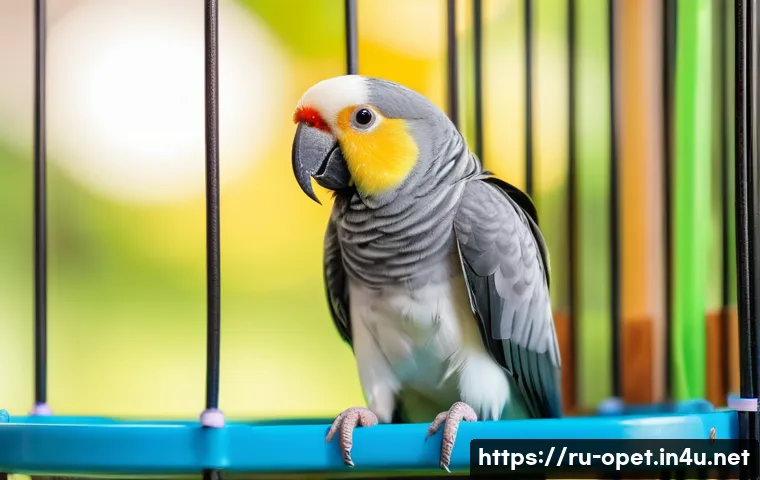 칵테일 앵무새 행동 분석 - A lively cockatiel parrot perched on a wooden playstand inside a spacious, bright cage filled with c...