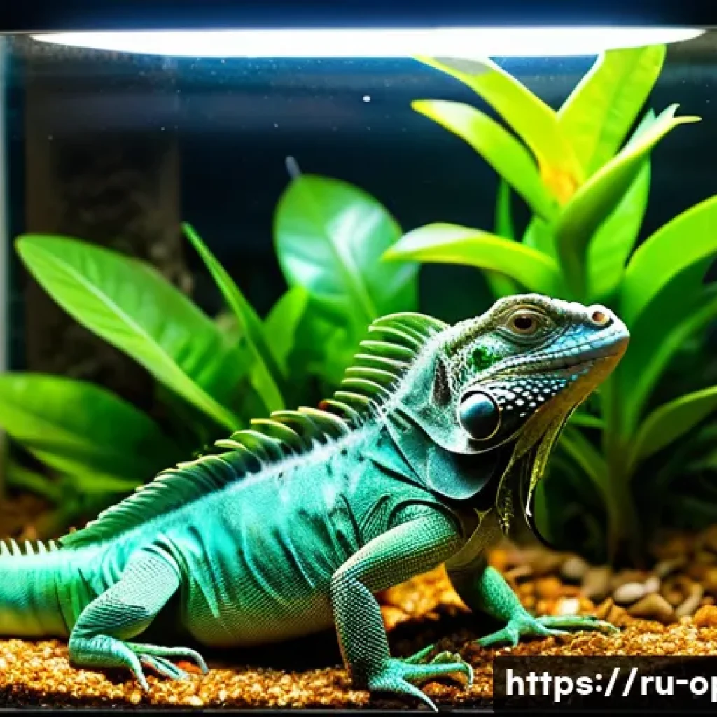 이구아나 전용 UV 조명 - A detailed terrarium setup featuring a healthy adult green iguana basking under a specialized UVB an...