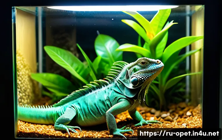 이구아나 전용 UV 조명 - A detailed terrarium setup featuring a healthy adult green iguana basking under a specialized UVB an...