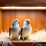 칵테일 앵무새 교배 성공률 - A cozy indoor bird breeding setup featuring two healthy cockatiels perched inside a closed wooden ne...
