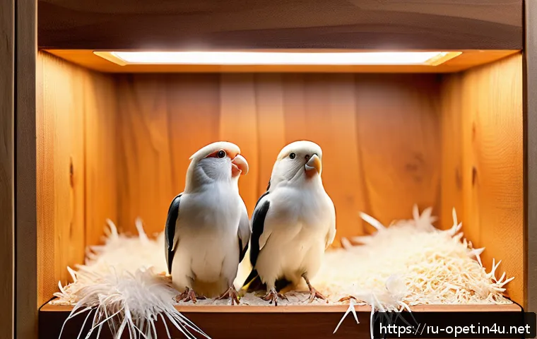 칵테일 앵무새 교배 성공률 - A cozy indoor bird breeding setup featuring two healthy cockatiels perched inside a closed wooden ne...