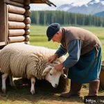 양털 의류 제조 과정 - A detailed scene showing traditional wool processing: a skilled artisan carefully shearing a sheep b...