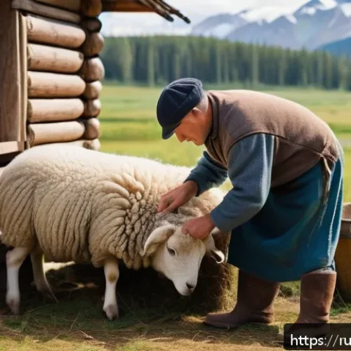 양털 의류 제조 과정 - A detailed scene showing traditional wool processing: a skilled artisan carefully shearing a sheep b...