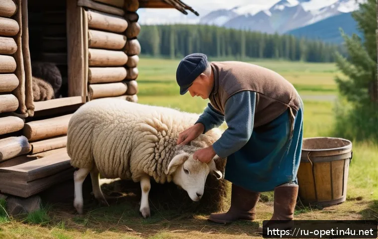 양털 의류 제조 과정 - A detailed scene showing traditional wool processing: a skilled artisan carefully shearing a sheep b...