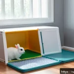 토끼 실내 배변 훈련 - A cozy indoor corner of a rabbit cage featuring a spacious rectangular litter box with low sides mad...