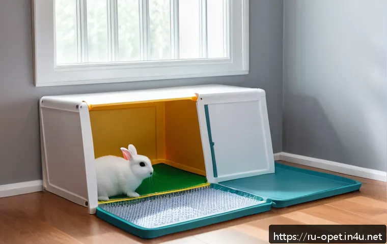 토끼 실내 배변 훈련 - A cozy indoor corner of a rabbit cage featuring a spacious rectangular litter box with low sides mad...