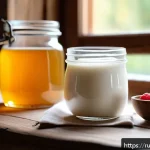 염소유 발효법 - A rustic kitchen scene featuring a glass jar of homemade fermented goat milk yogurt with a natural s...