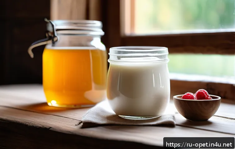 염소유 발효법 - A rustic kitchen scene featuring a glass jar of homemade fermented goat milk yogurt with a natural s...