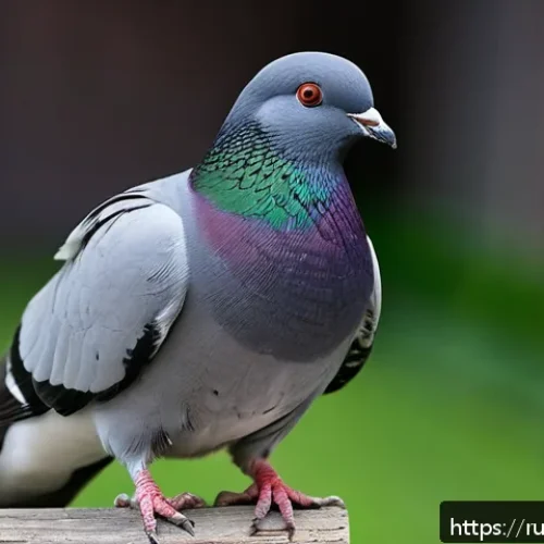 비둘기 품종별 특징 - A detailed portrait of a rare Kaufman pigeon perched gracefully on a wooden branch inside a cozy avi...