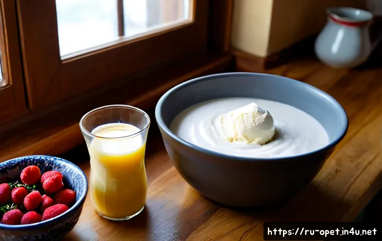 양유 아이스크림 제조 - Photorealistic close-up of a Russian home kitchen making sheep milk ice cream, a clear glass bowl of...