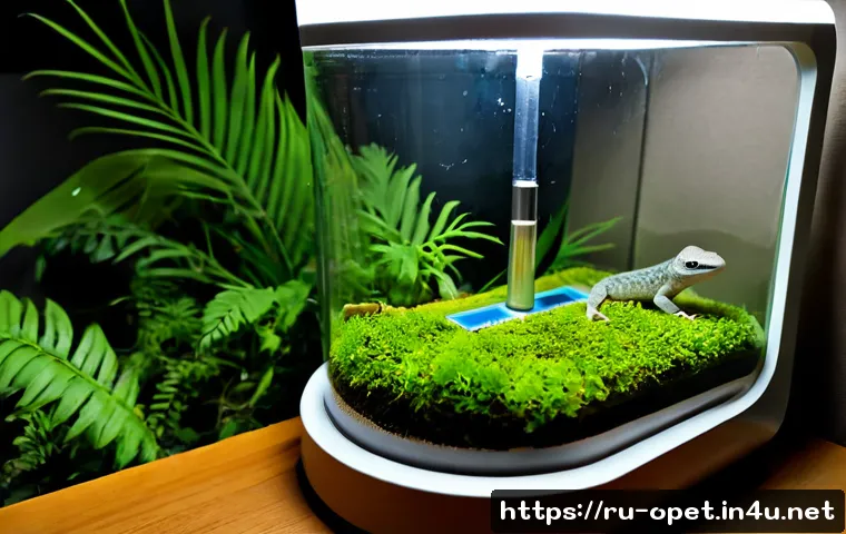 파충류 습도 조절 장비 - Photorealistic close-up of a modern glass terrarium for a pet gecko, showing a compact ultrasonic mi...