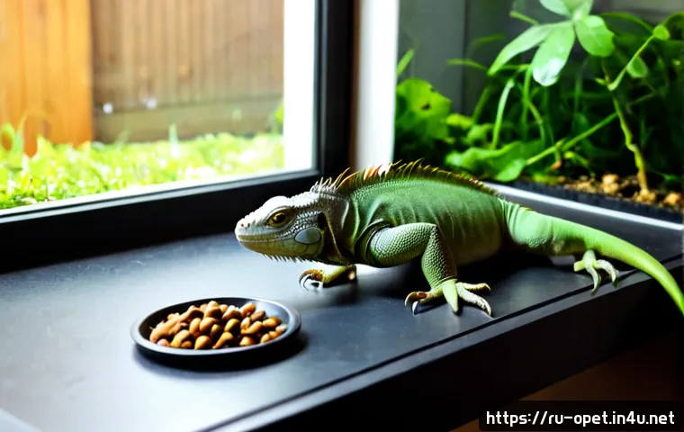 이구아나 먹이 브랜드 - Photorealistic close-up of a healthy green iguana in a clean glass terrarium, calmly eating fresh le...